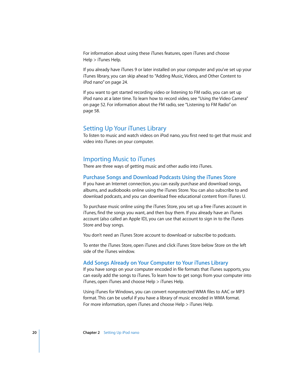 Setting up your itunes library, Importing music to itunes | Apple iPod nano (5th generation) User Manual | Page 20 / 104