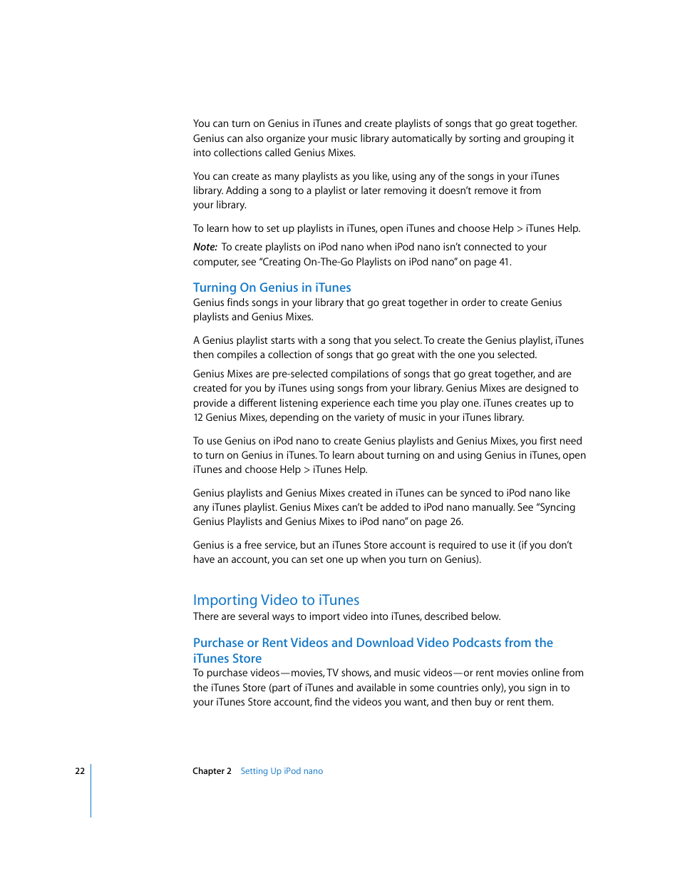 Turning on genius in itunes, Importing video to itunes | Apple iPod nano (5th generation) User Manual | Page 22 / 104