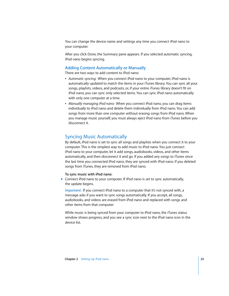 Adding content automatically or manually, Syncing music automatically | Apple iPod nano (5th generation) User Manual | Page 25 / 104