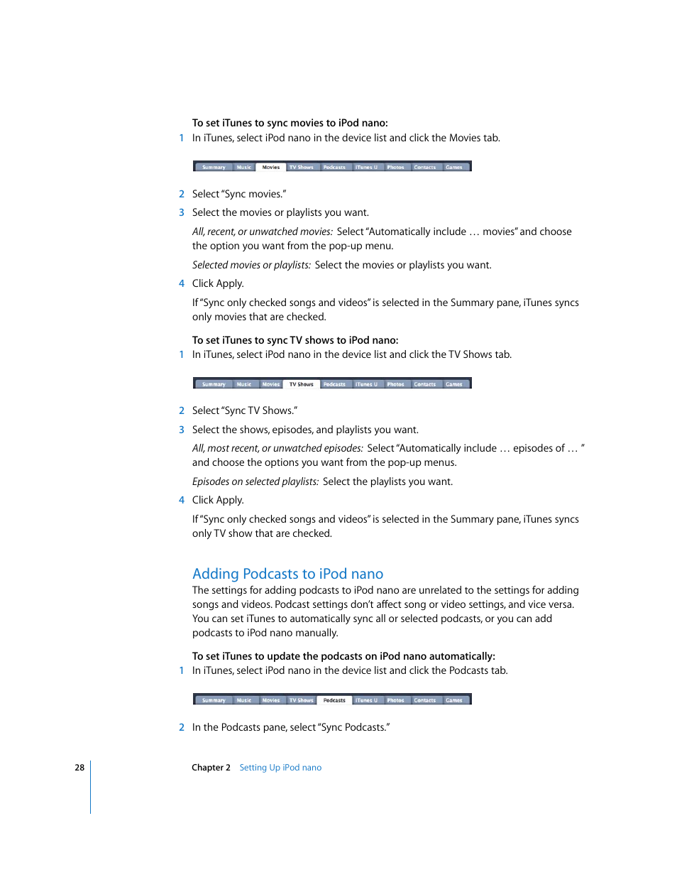Adding podcasts to ipodnano, Adding podcasts to ipod nano | Apple iPod nano (5th generation) User Manual | Page 28 / 104