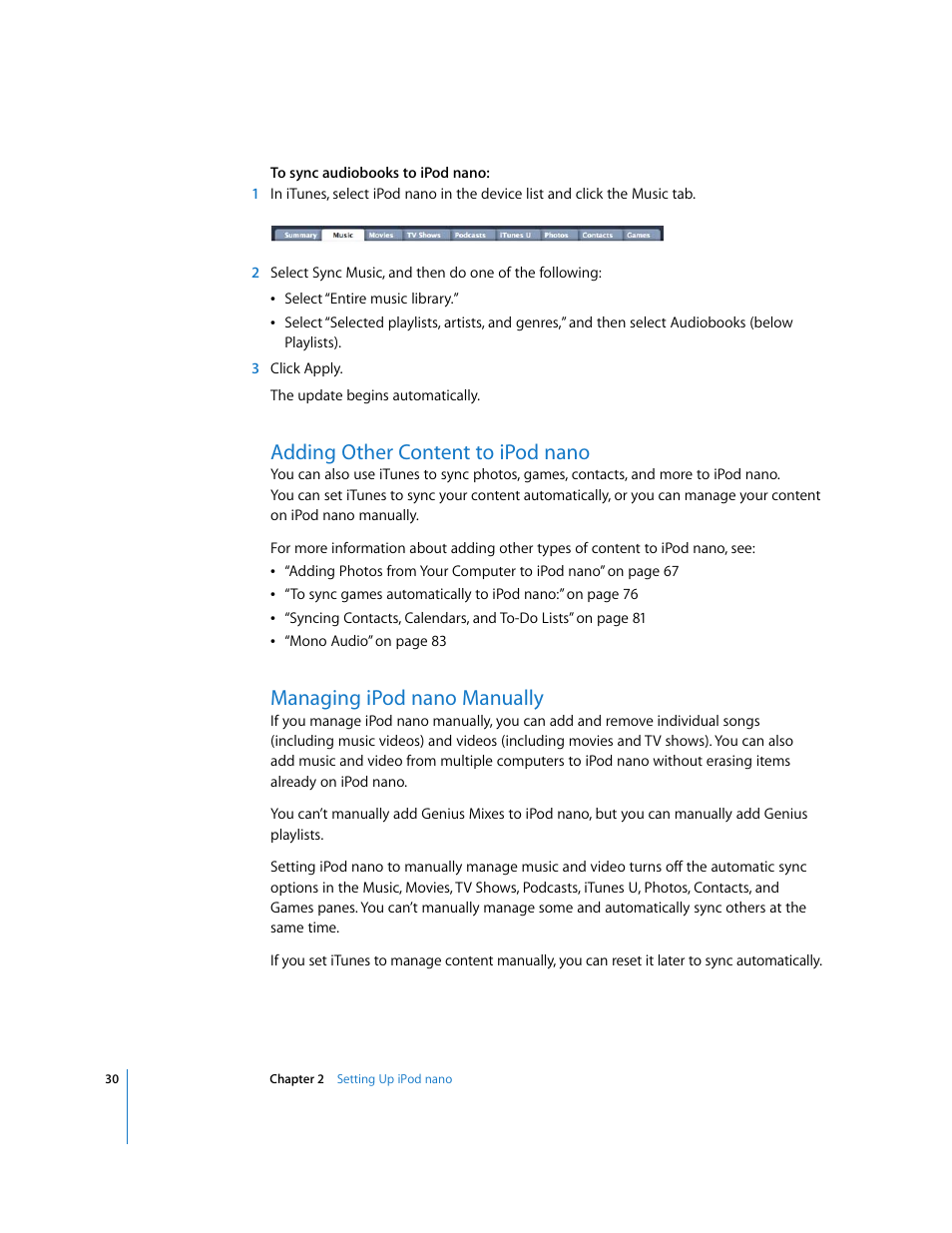 Adding other content to ipodnano, Managing ipodnano manually, Adding other content to ipod nano | Managing ipod nano manually | Apple iPod nano (5th generation) User Manual | Page 30 / 104