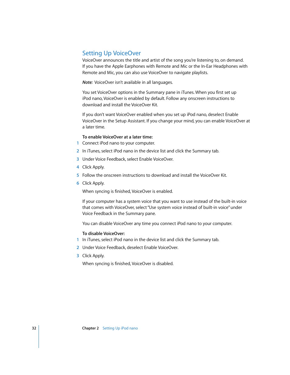 Setting up voiceover | Apple iPod nano (5th generation) User Manual | Page 32 / 104