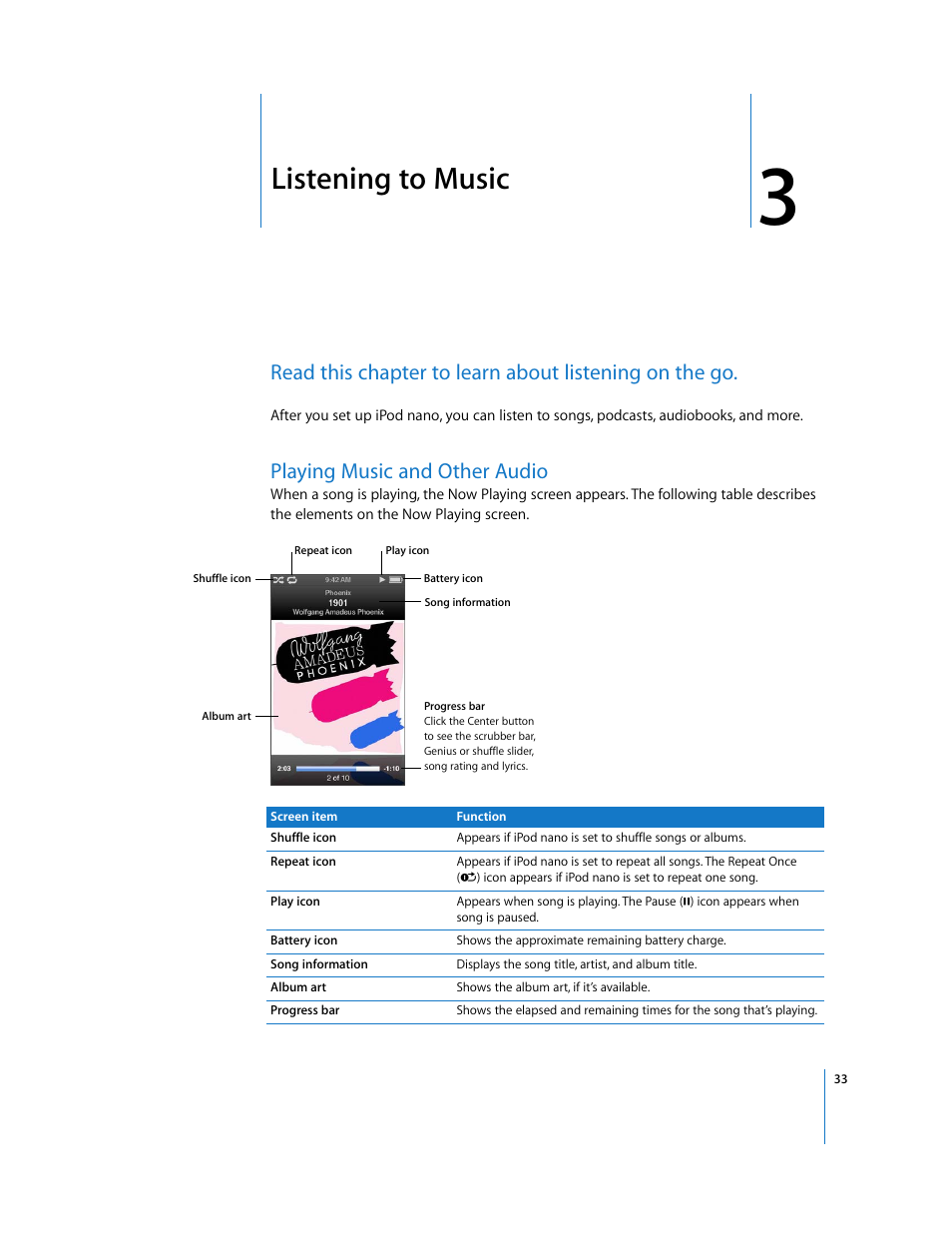 Listening to music, Playing music and other audio, Chapter 3 | Apple iPod nano (5th generation) User Manual | Page 33 / 104