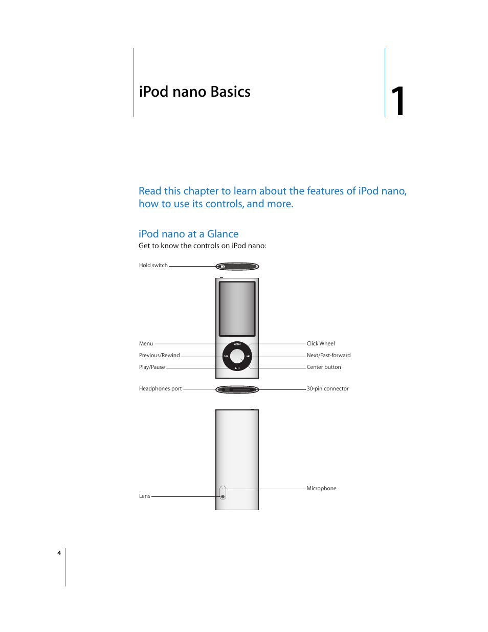 Ipodnano basics, Ipodnano at a glance, Chapter 1 | Ipod nano basics | Apple iPod nano (5th generation) User Manual | Page 4 / 104