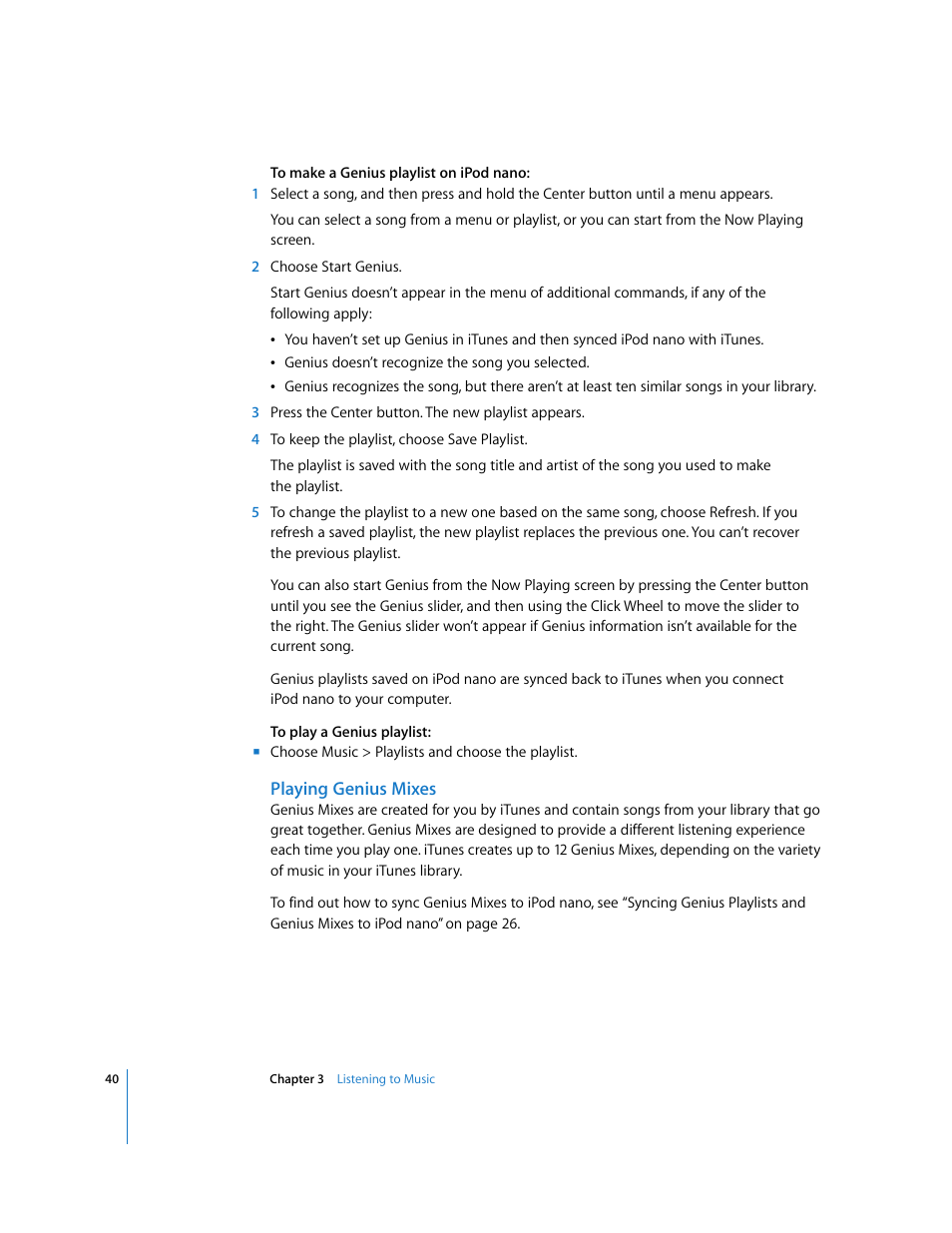 Playing genius mixes | Apple iPod nano (5th generation) User Manual | Page 40 / 104