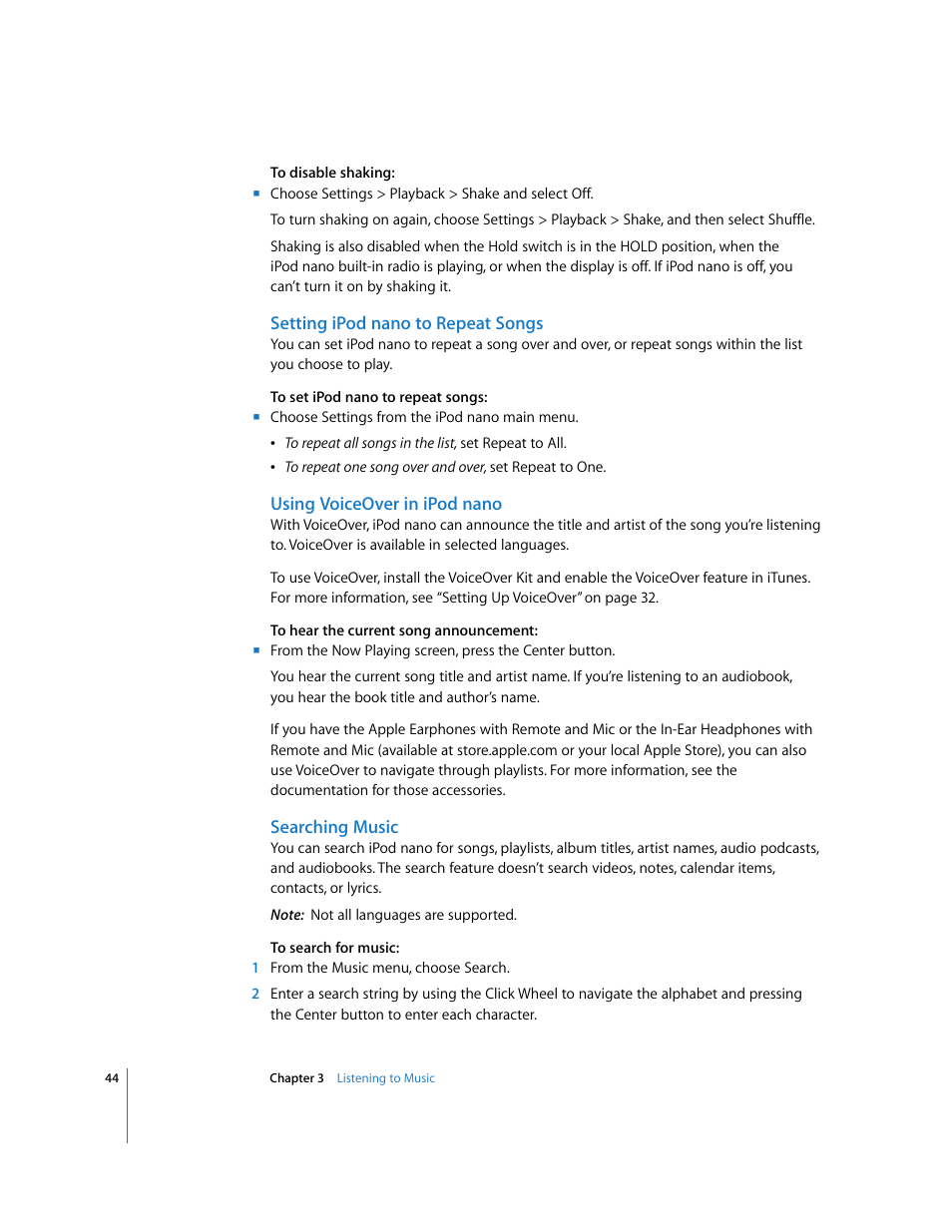 Setting ipodnano to repeat songs, Using voiceover in ipodnano, Searching music | Apple iPod nano (5th generation) User Manual | Page 44 / 104