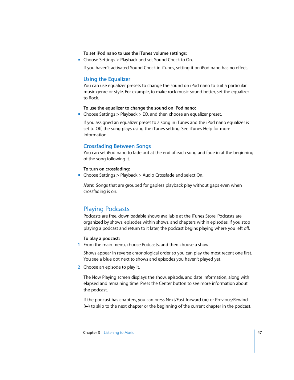 Using the equalizer, Crossfading between songs, Playing podcasts | Apple iPod nano (5th generation) User Manual | Page 47 / 104