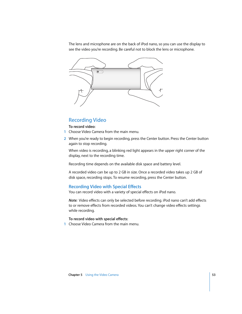 Recording video, Recording video with special effects | Apple iPod nano (5th generation) User Manual | Page 53 / 104