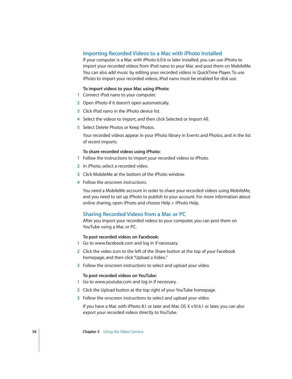 Sharing recorded videos from a mac or pc | Apple iPod nano (5th generation) User Manual | Page 56 / 104
