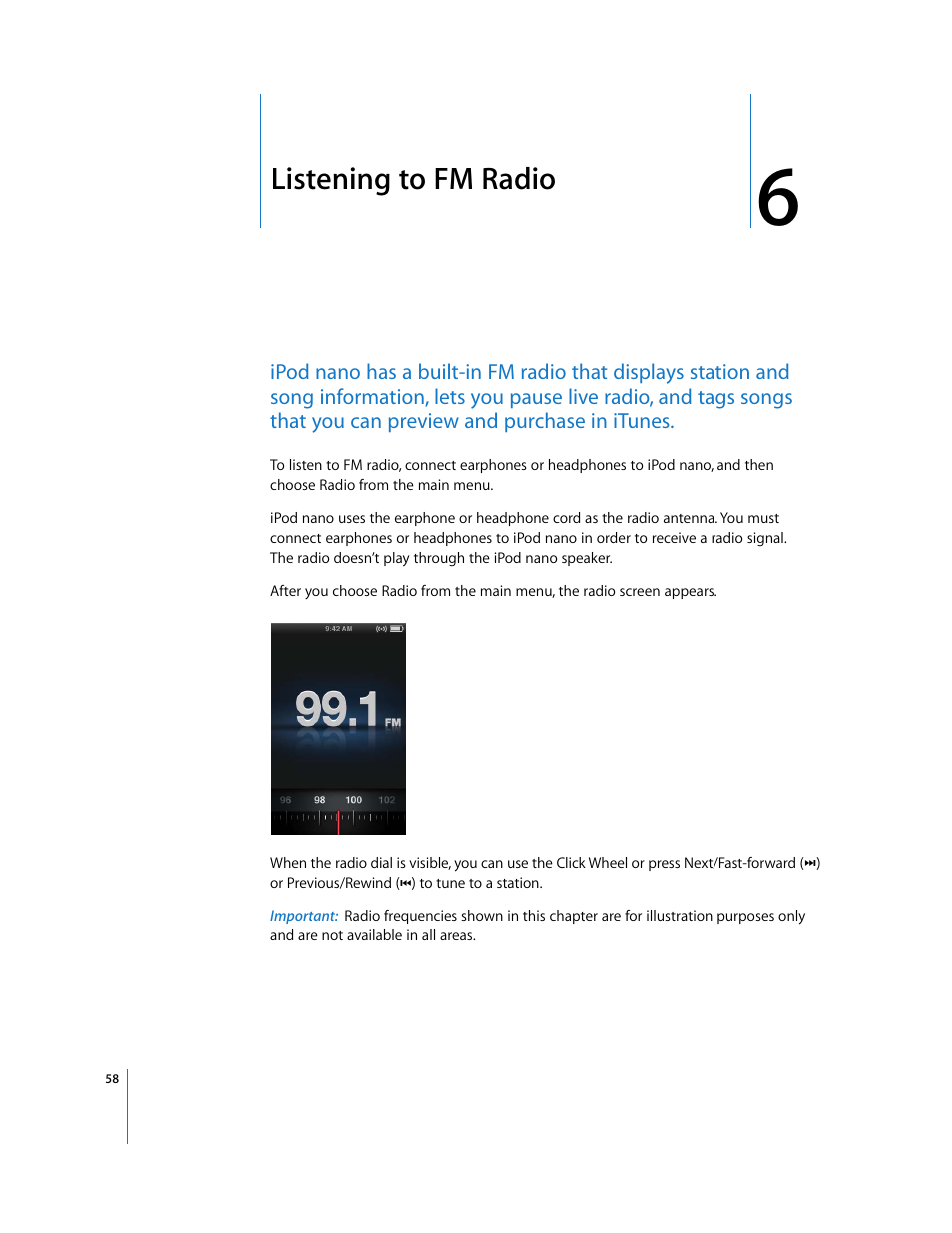 Listening to fm radio, Chapter 6 | Apple iPod nano (5th generation) User Manual | Page 58 / 104