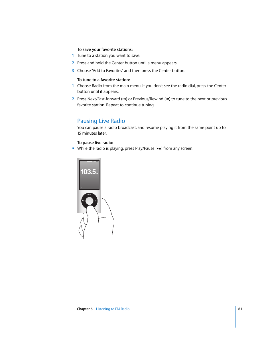 Pausing live radio | Apple iPod nano (5th generation) User Manual | Page 61 / 104