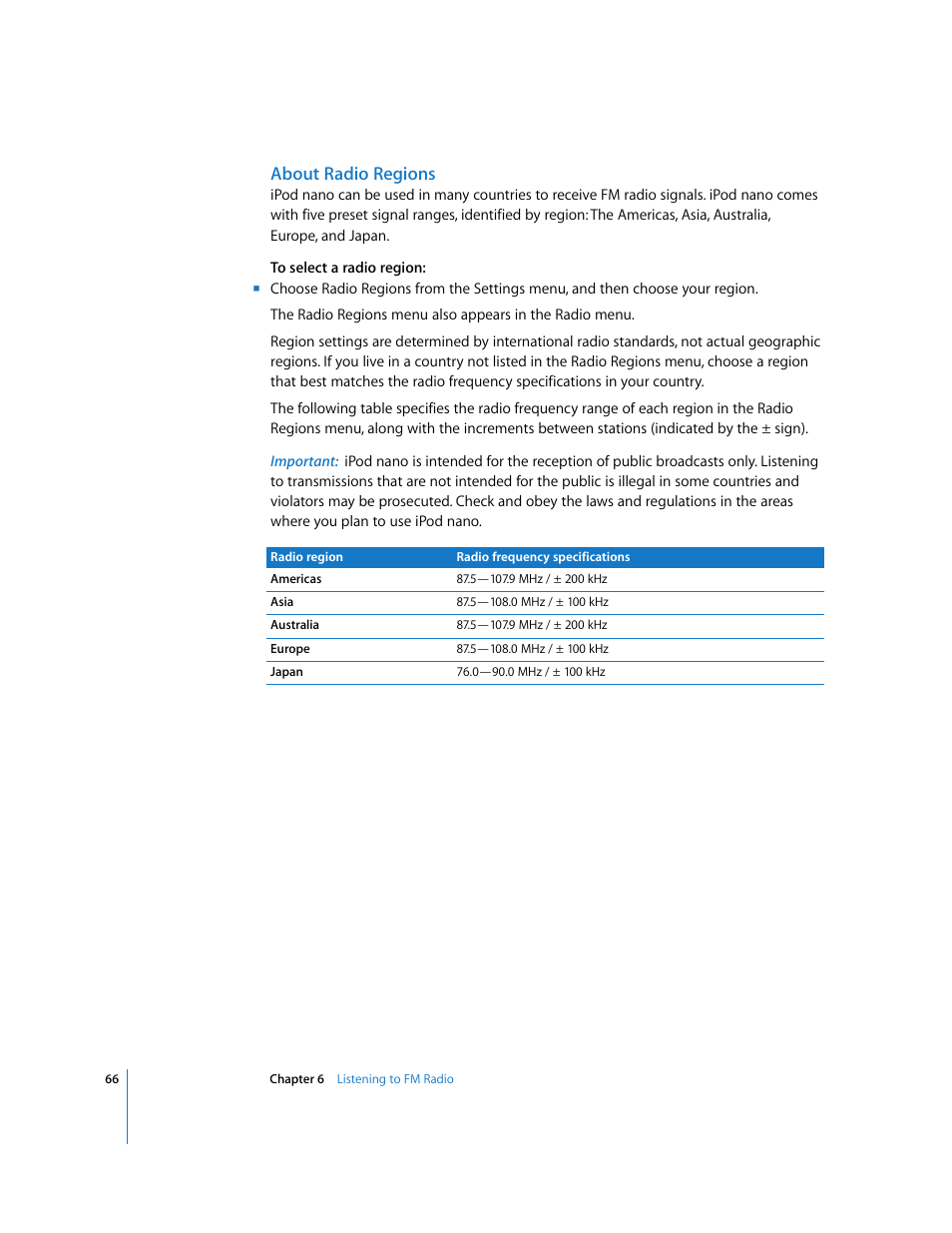 About radio regions | Apple iPod nano (5th generation) User Manual | Page 66 / 104