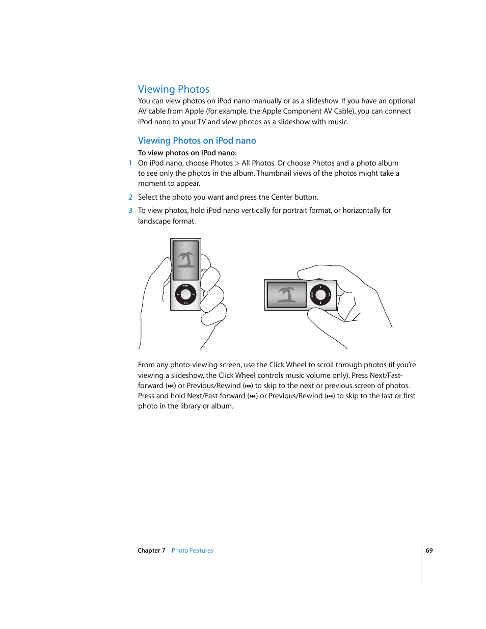 Viewing photos, Viewing photos on ipodnano | Apple iPod nano (5th generation) User Manual | Page 69 / 104