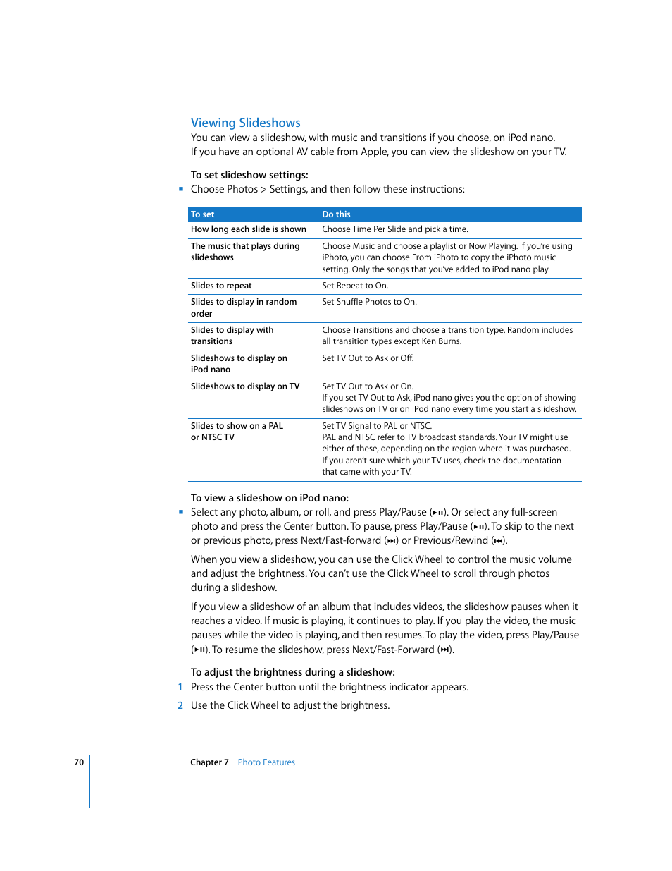 Viewing slideshows | Apple iPod nano (5th generation) User Manual | Page 70 / 104
