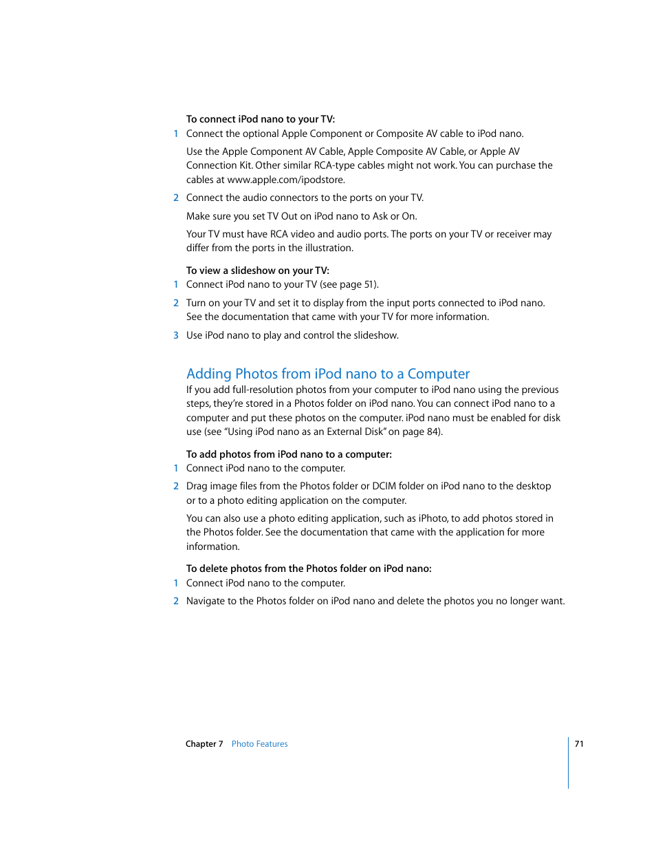 Adding photos from ipodnano to a computer, Adding photos from ipod nano to a computer | Apple iPod nano (5th generation) User Manual | Page 71 / 104