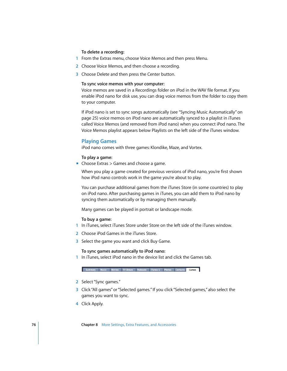 Playing games | Apple iPod nano (5th generation) User Manual | Page 76 / 104