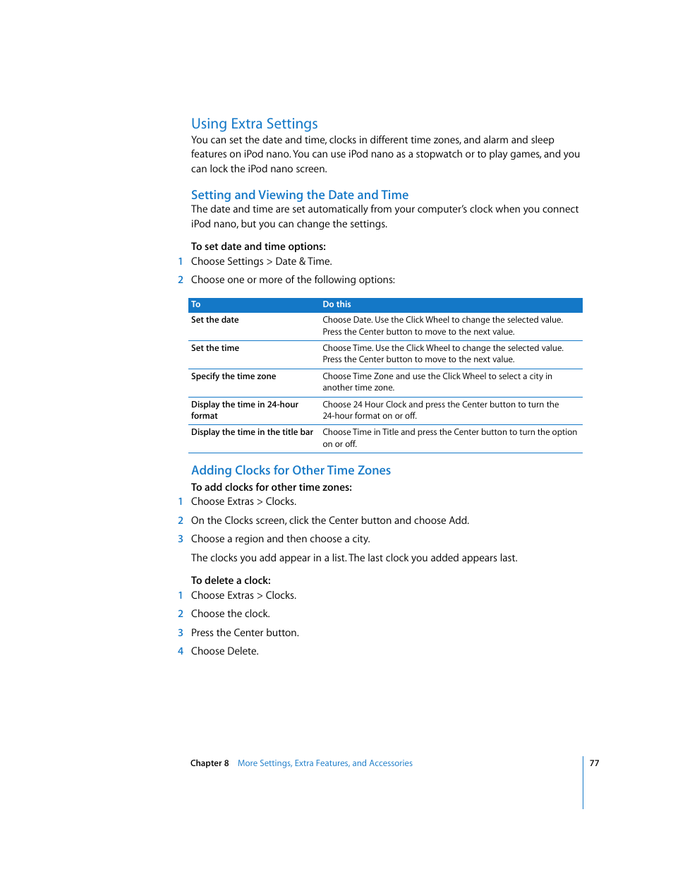 Using extra settings, Setting and viewing the date and time, Adding clocks for other time zones | Apple iPod nano (5th generation) User Manual | Page 77 / 104