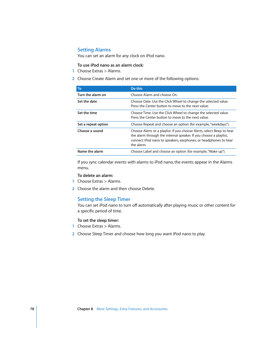 Setting alarms, Setting the sleep timer | Apple iPod nano (5th generation) User Manual | Page 78 / 104