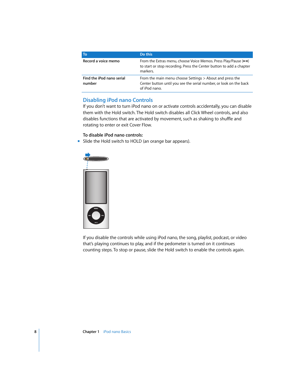 Disabling ipodnano controls, Disabling ipod nano controls | Apple iPod nano (5th generation) User Manual | Page 8 / 104