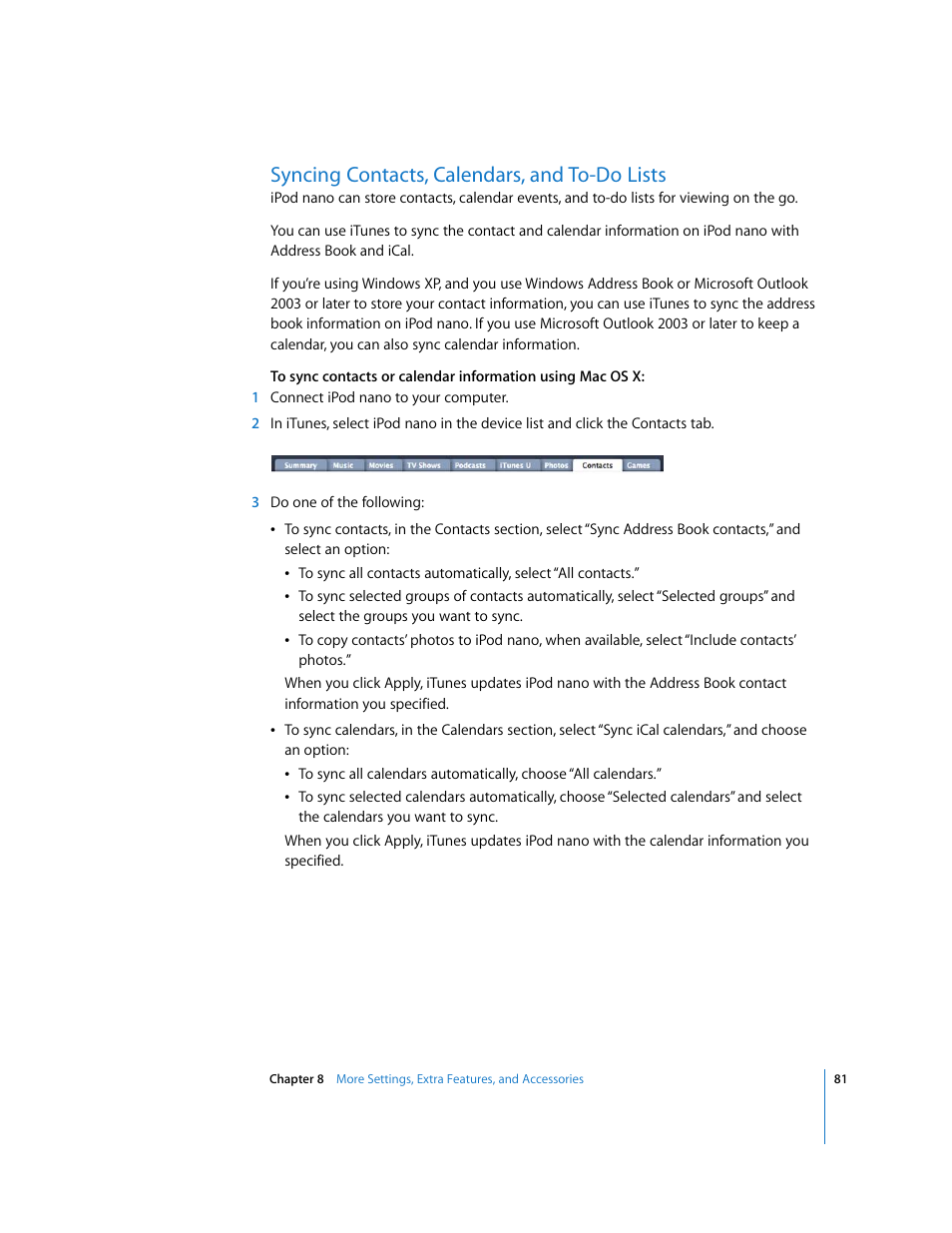Syncing contacts, calendars, and to-do lists | Apple iPod nano (5th generation) User Manual | Page 81 / 104
