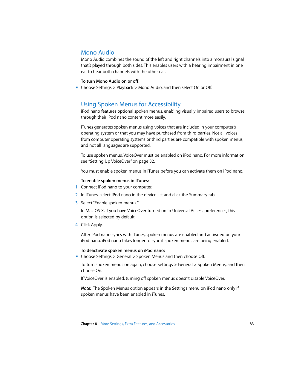 Mono audio, Using spoken menus for accessibility | Apple iPod nano (5th generation) User Manual | Page 83 / 104