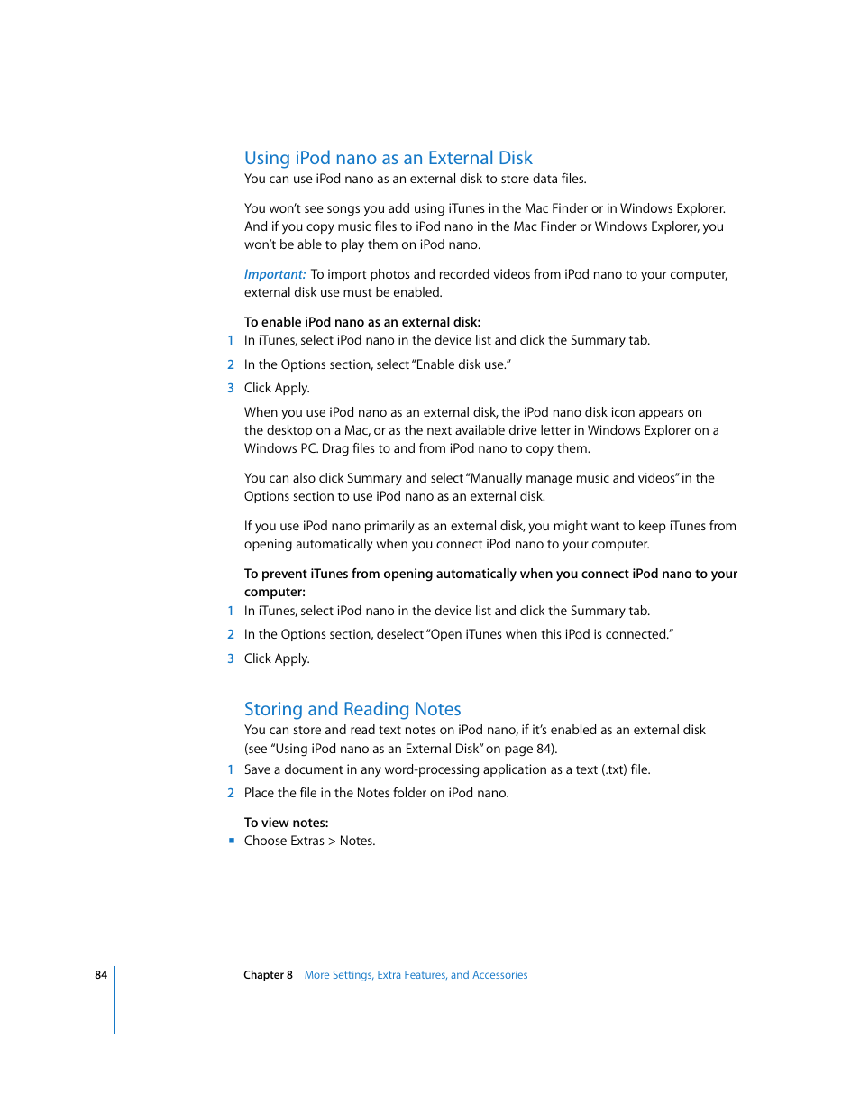 Using ipodnano as an external disk, Storing and reading notes, Using ipod nano as an external disk | Apple iPod nano (5th generation) User Manual | Page 84 / 104