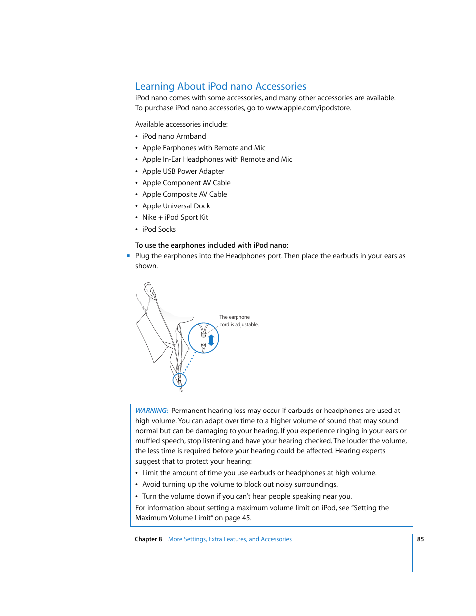 Learning about ipodnano accessories, Learning about ipod nano accessories | Apple iPod nano (5th generation) User Manual | Page 85 / 104