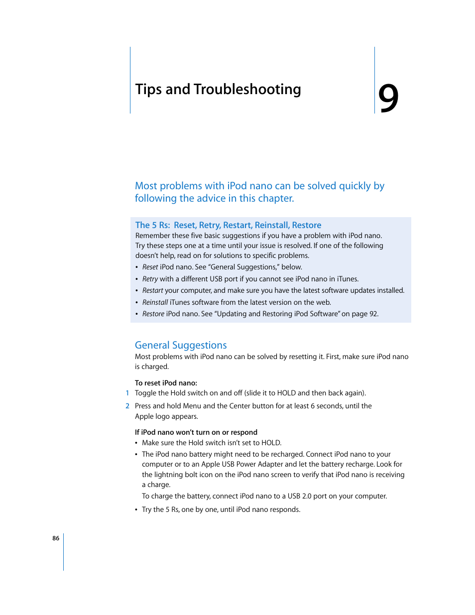 Tips and troubleshooting, General suggestions, Chapter 9 | Apple iPod nano (5th generation) User Manual | Page 86 / 104