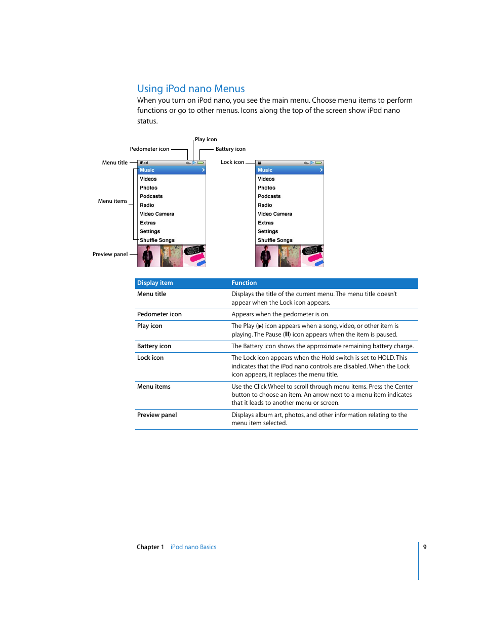 Using ipodnano menus, Using ipod nano menus | Apple iPod nano (5th generation) User Manual | Page 9 / 104
