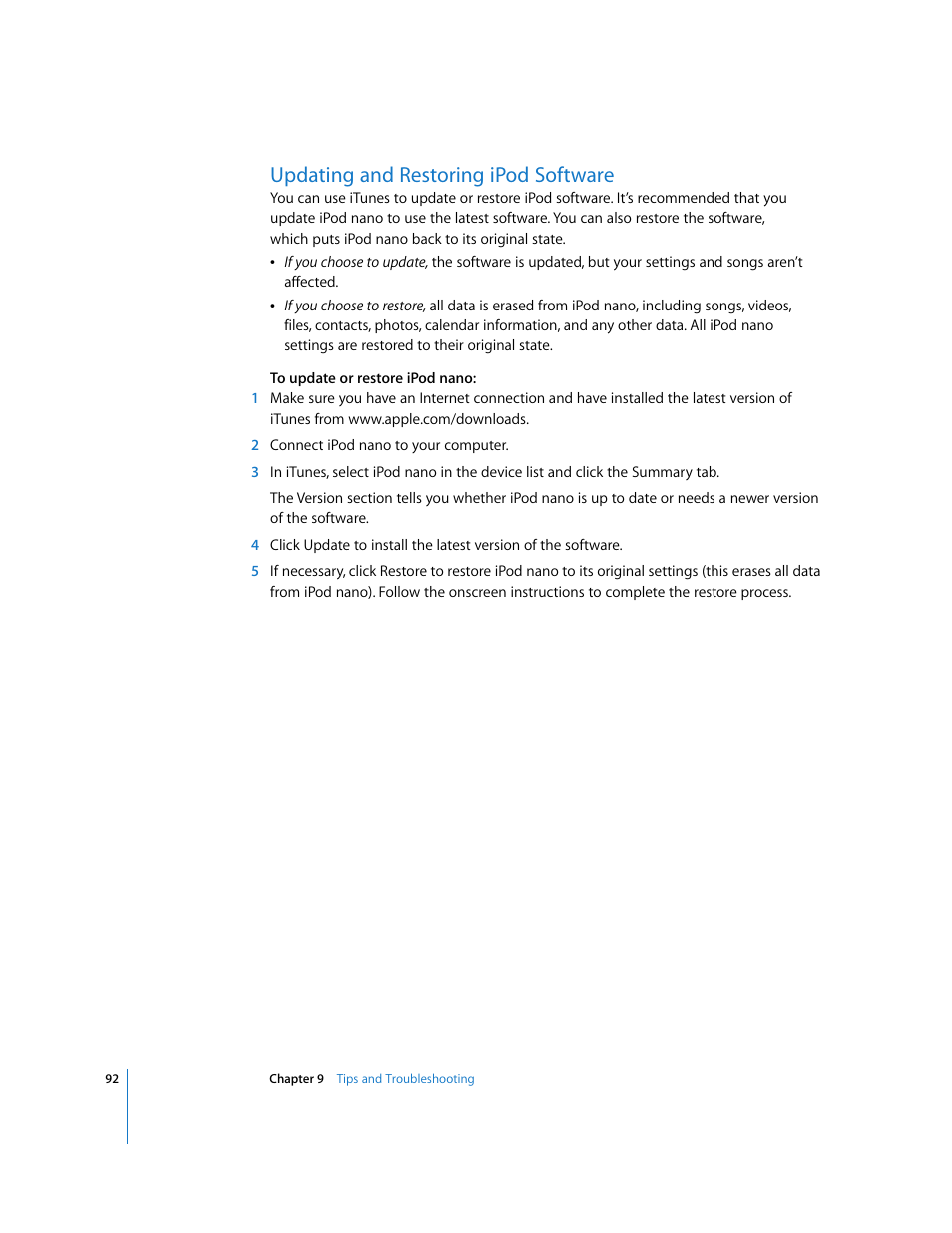 Updating and restoring ipod software | Apple iPod nano (5th generation) User Manual | Page 92 / 104