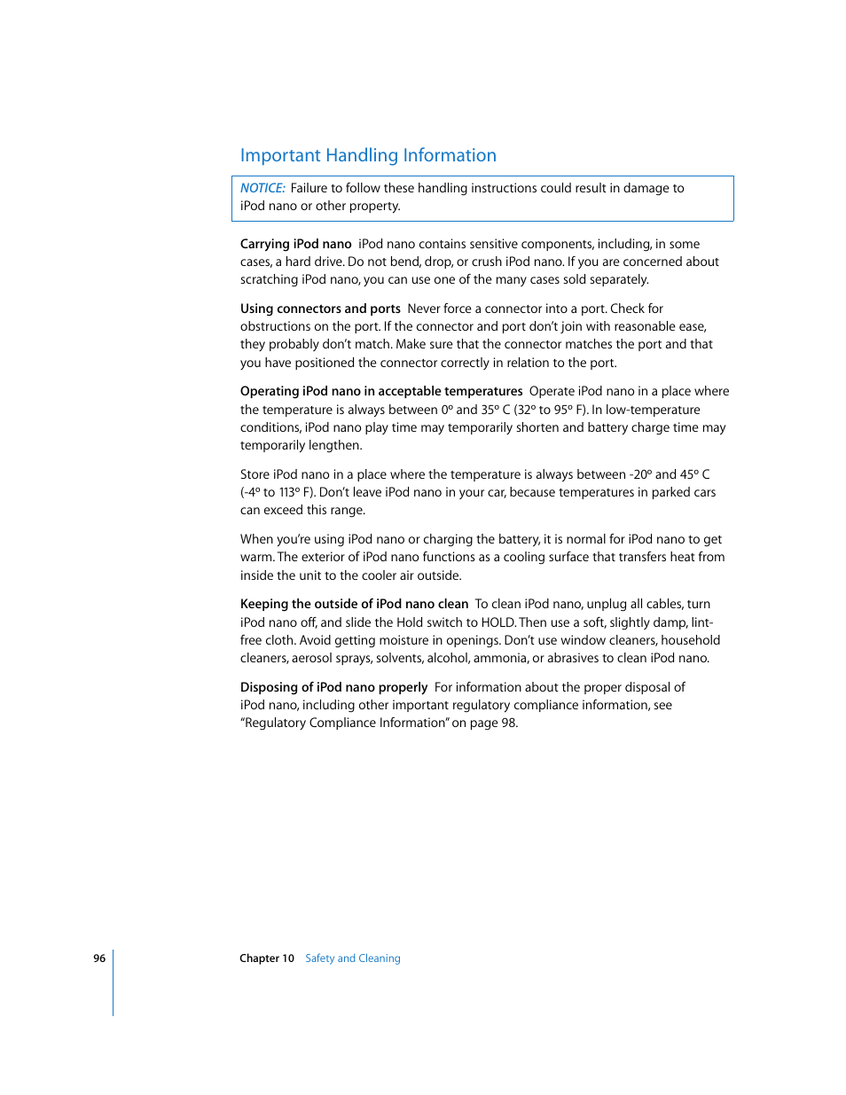 Important handling information | Apple iPod nano (5th generation) User Manual | Page 96 / 104