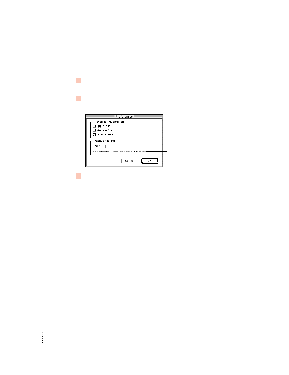 Preparing your newton pda, Selecting the type of connection on your computer | Apple Newton Backup Utility (for Macintosh) User Manual | Page 10 / 39