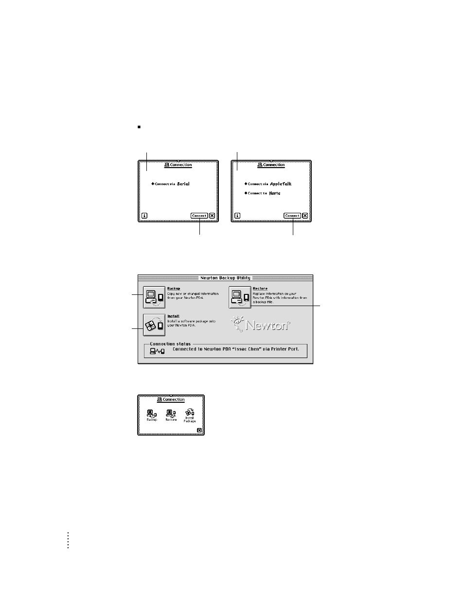 Establishing a connection | Apple Newton Backup Utility (for Macintosh) User Manual | Page 12 / 39