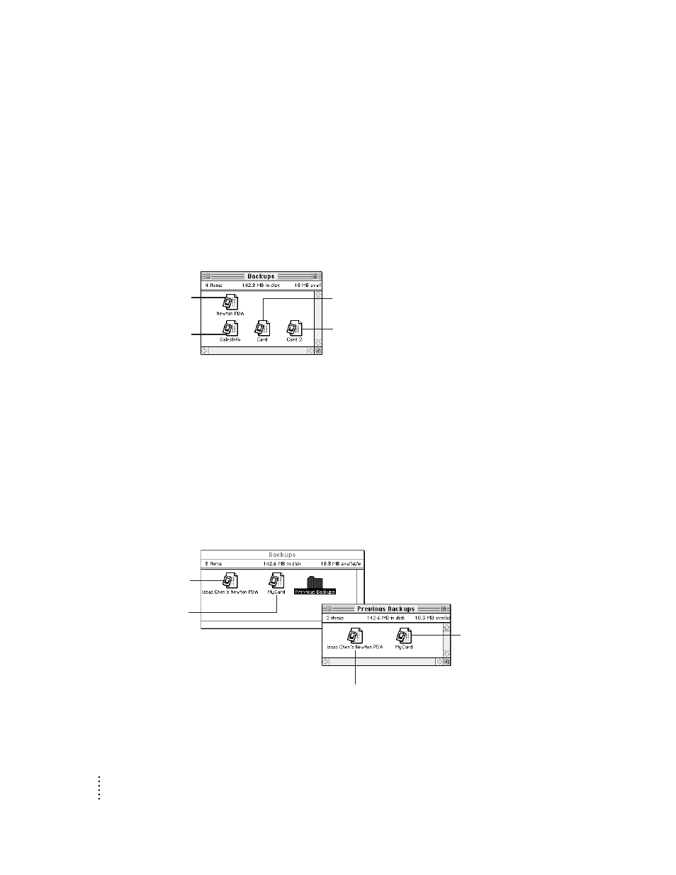 Backing up cards, Previous backups | Apple Newton Backup Utility (for Macintosh) User Manual | Page 16 / 39