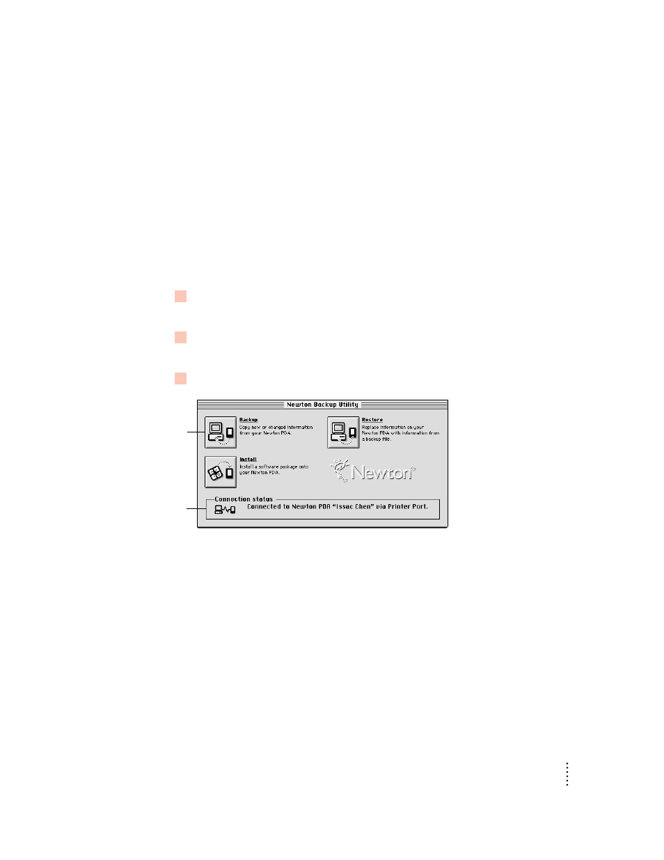 Creating backup files, Backing up all information and packages | Apple Newton Backup Utility (for Macintosh) User Manual | Page 17 / 39