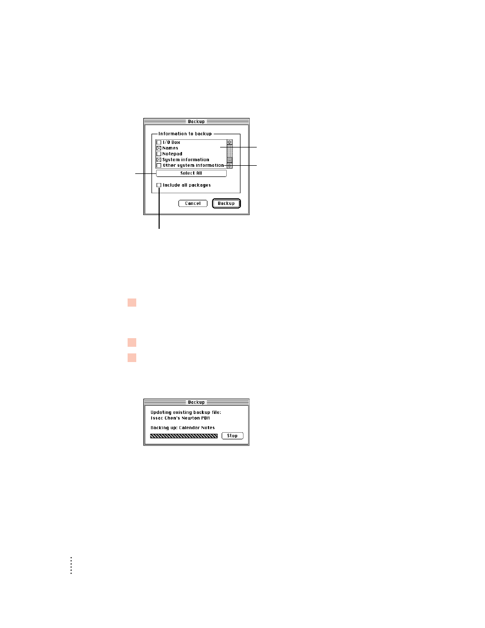 Backing up selected information and packages | Apple Newton Backup Utility (for Macintosh) User Manual | Page 18 / 39