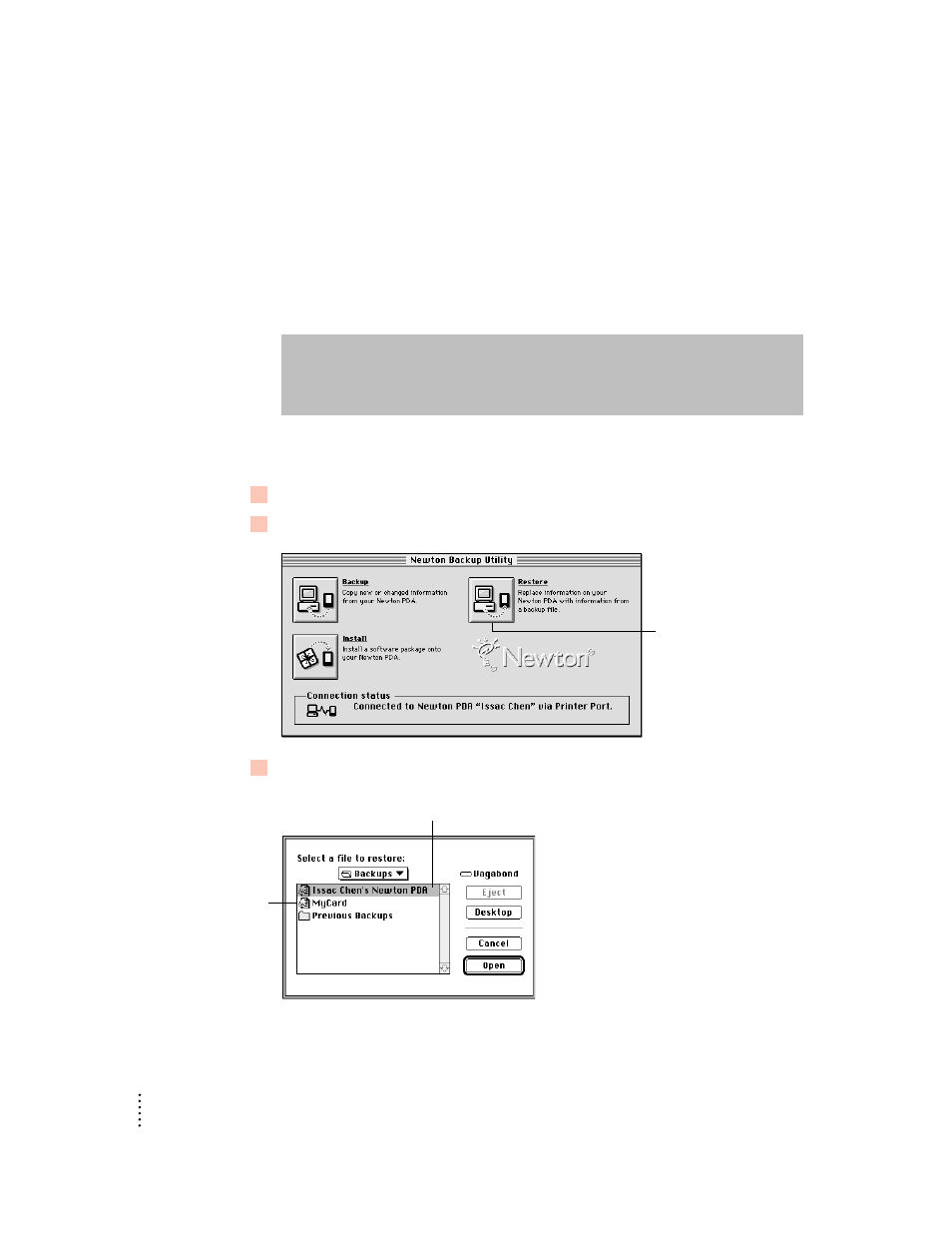 Restoring information and packages | Apple Newton Backup Utility (for Macintosh) User Manual | Page 22 / 39