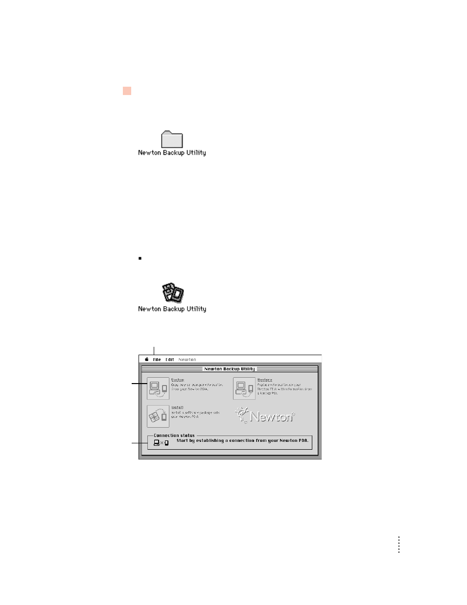 Preparing your computer, Opening the newton backup utility | Apple Newton Backup Utility (for Macintosh) User Manual | Page 9 / 39