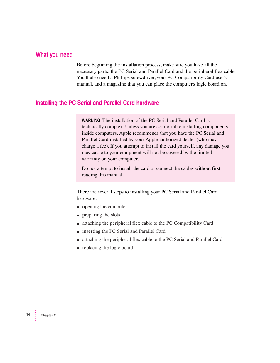 What you need | Apple PC Serial and Parallel Card User Manual | Page 14 / 84