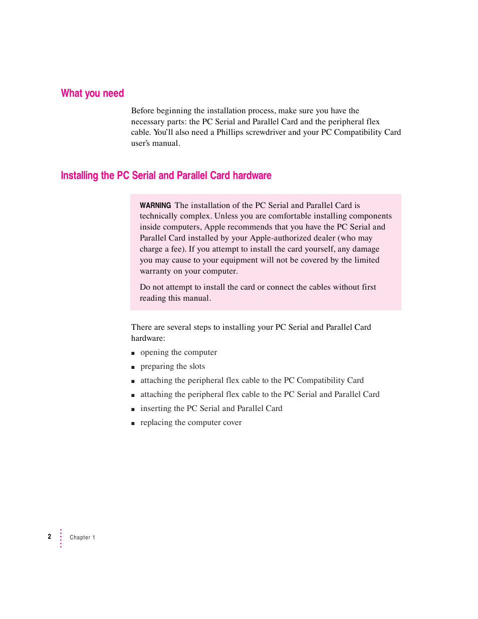 What you need | Apple PC Serial and Parallel Card User Manual | Page 2 / 84