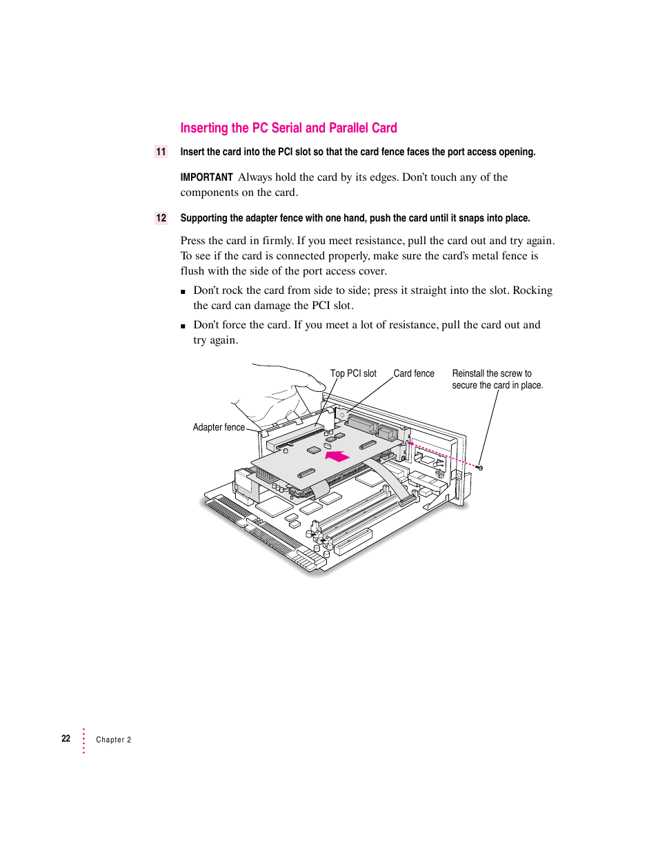 Inserting the pc serial and parallel card | Apple PC Serial and Parallel Card User Manual | Page 22 / 84