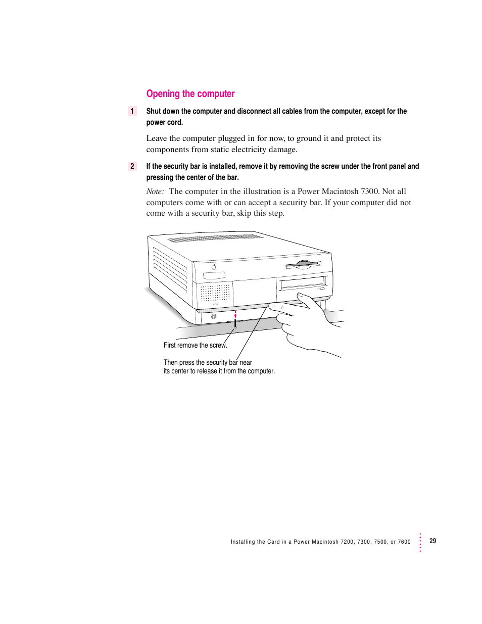 Opening the computer | Apple PC Serial and Parallel Card User Manual | Page 29 / 84