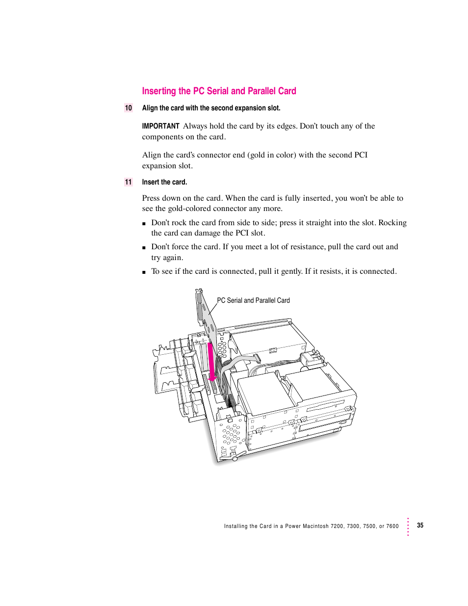 Inserting the pc serial and parallel card | Apple PC Serial and Parallel Card User Manual | Page 35 / 84