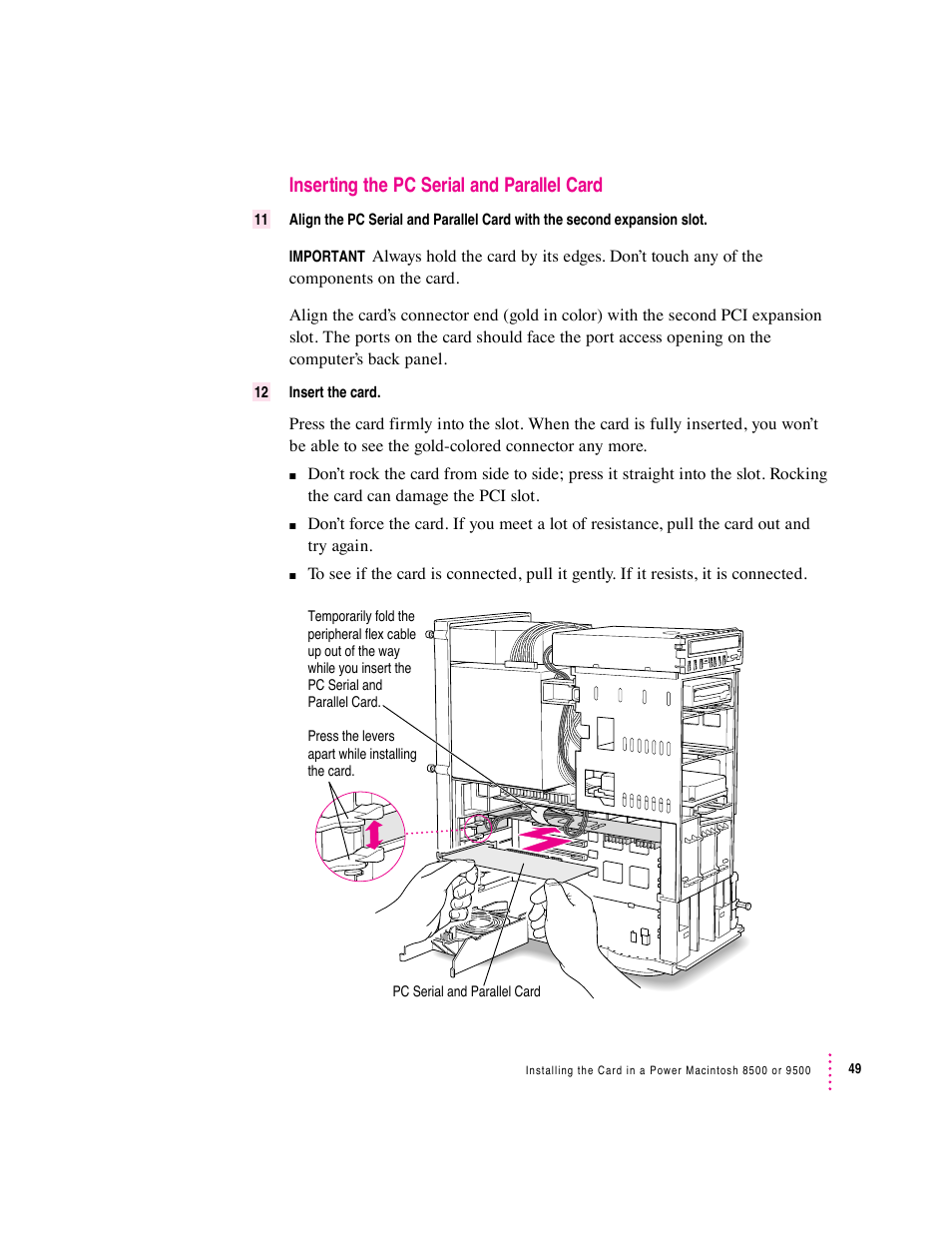 Inserting the pc serial and parallel card | Apple PC Serial and Parallel Card User Manual | Page 49 / 84