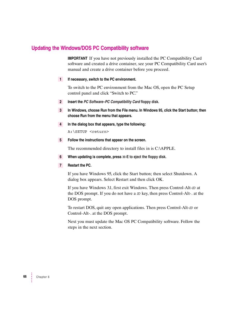 Updating the windows/dos pc compatibility software | Apple PC Serial and Parallel Card User Manual | Page 66 / 84