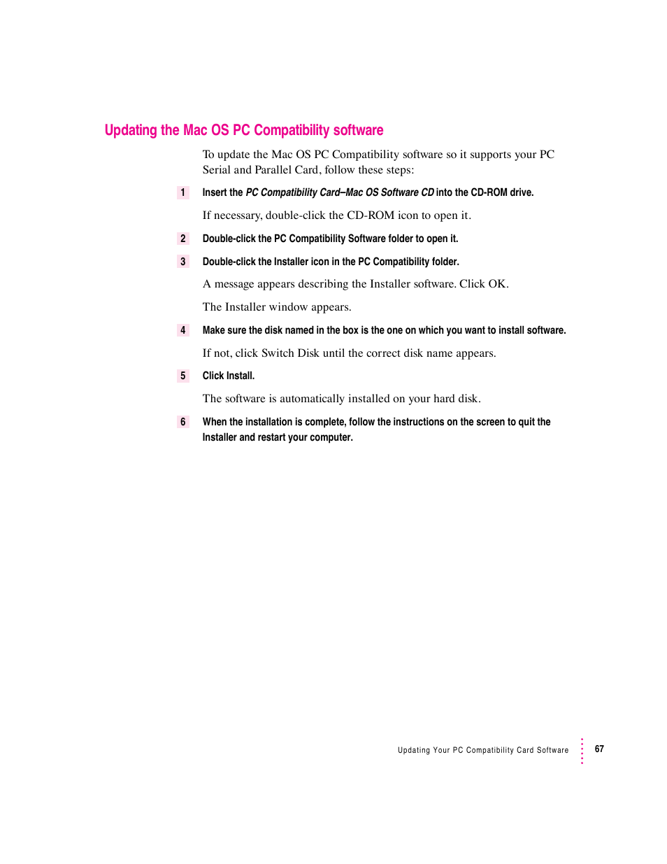 Updating the mac os pc compatibility software | Apple PC Serial and Parallel Card User Manual | Page 67 / 84