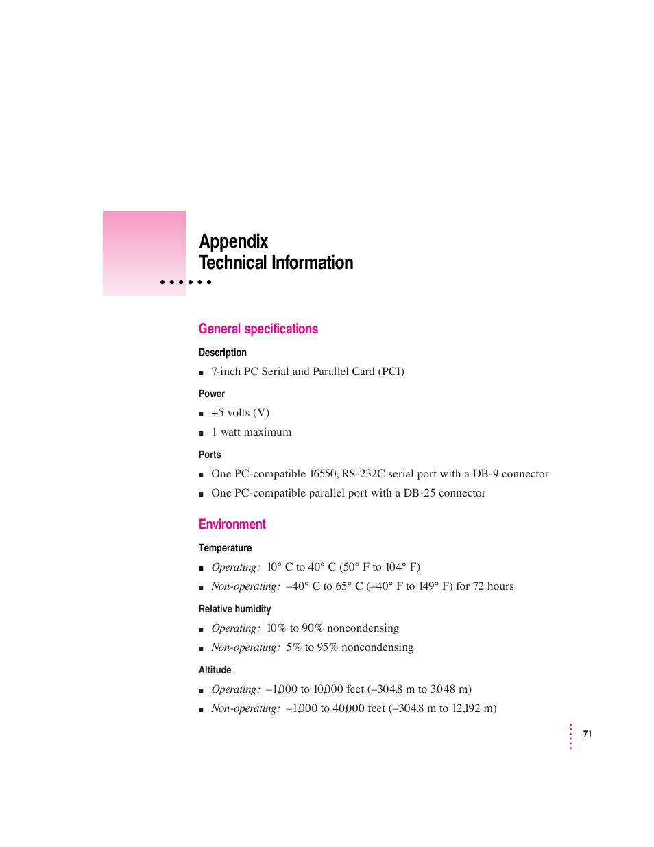 Appendix technical information | Apple PC Serial and Parallel Card User Manual | Page 71 / 84