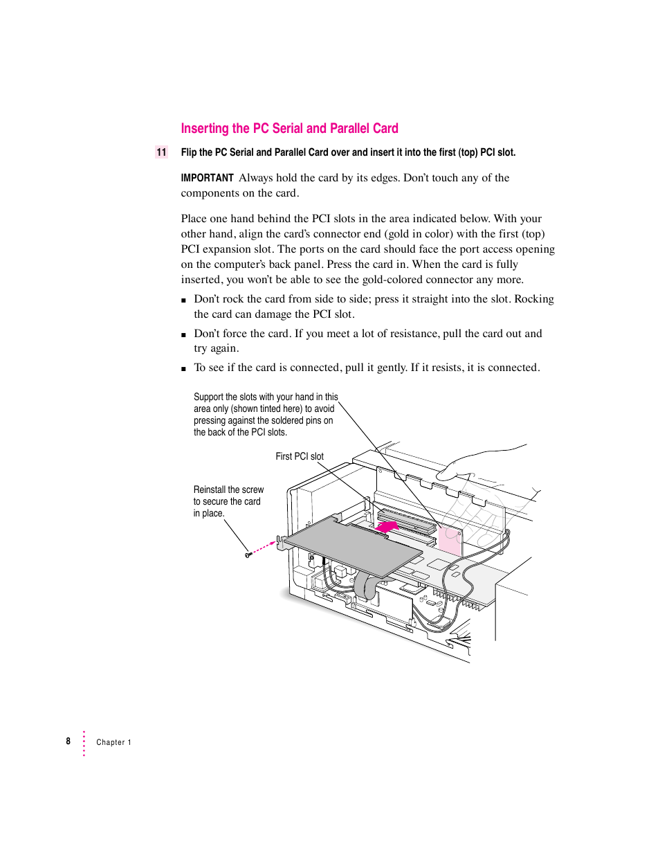 Inserting the pc serial and parallel card | Apple PC Serial and Parallel Card User Manual | Page 8 / 84