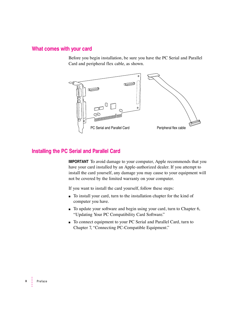 What comes with your card, Installing the pc serial and parallel card | Apple PC Serial and Parallel Card User Manual | Page 84 / 84