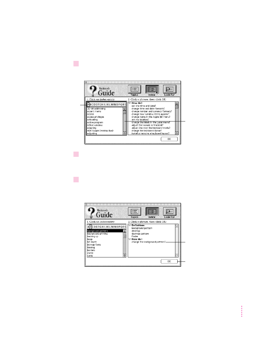 Getting answers with the index button | Apple PowerBook (Duo, 2300 Series) User Manual | Page 36 / 161